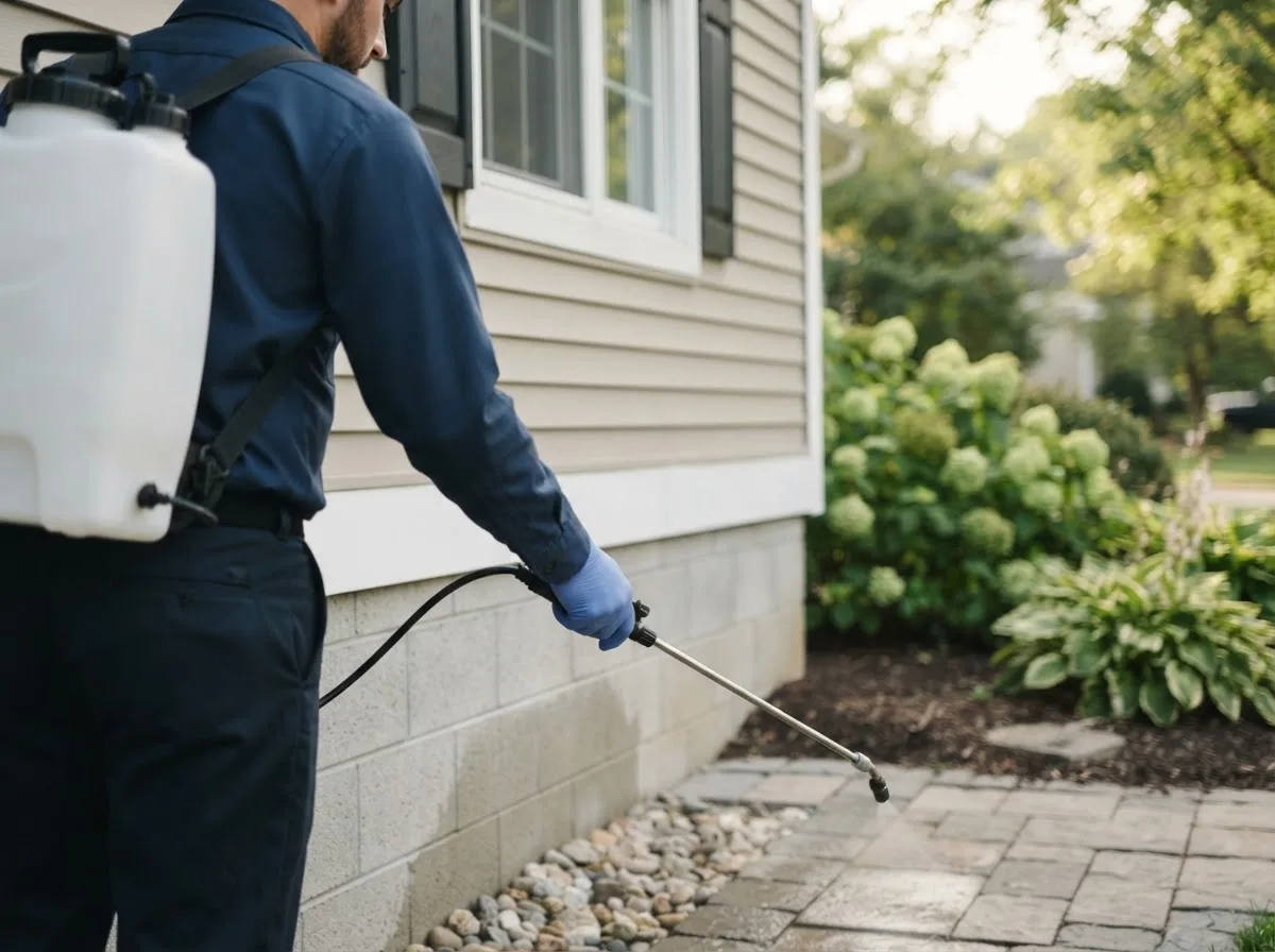 Pest control technician inspecting a home in Hampden, ME